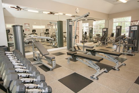 A gym with a variety of equipment including dumbbells, weight machines, and benches.