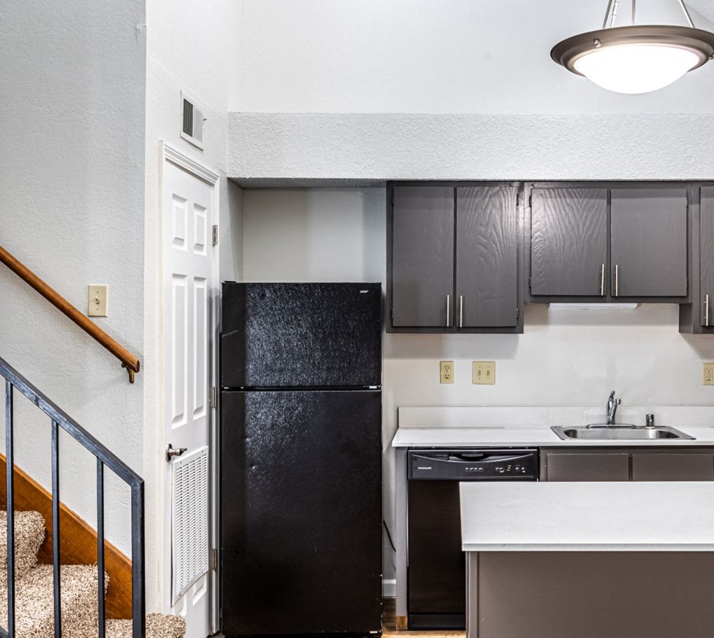 a kitchen with a black refrigerator freezer next to a sink and dishwasher