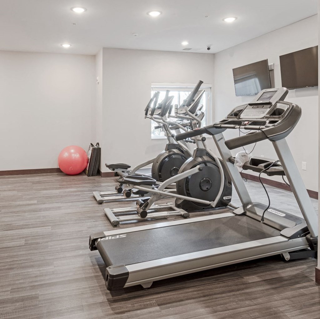 a gym with cardio equipment and a yoga ball