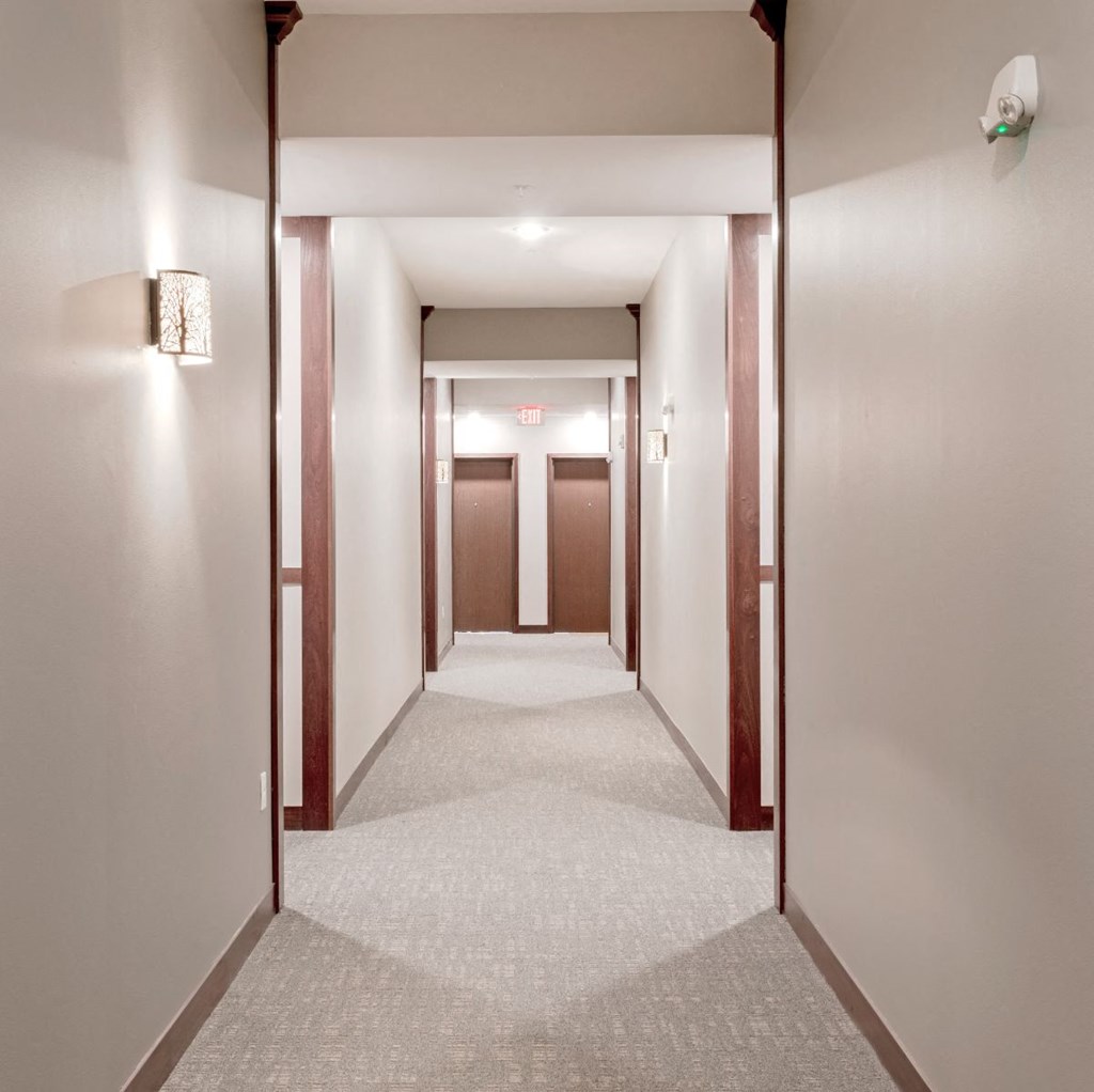 a hallway with a carpeted floor and rows of doors