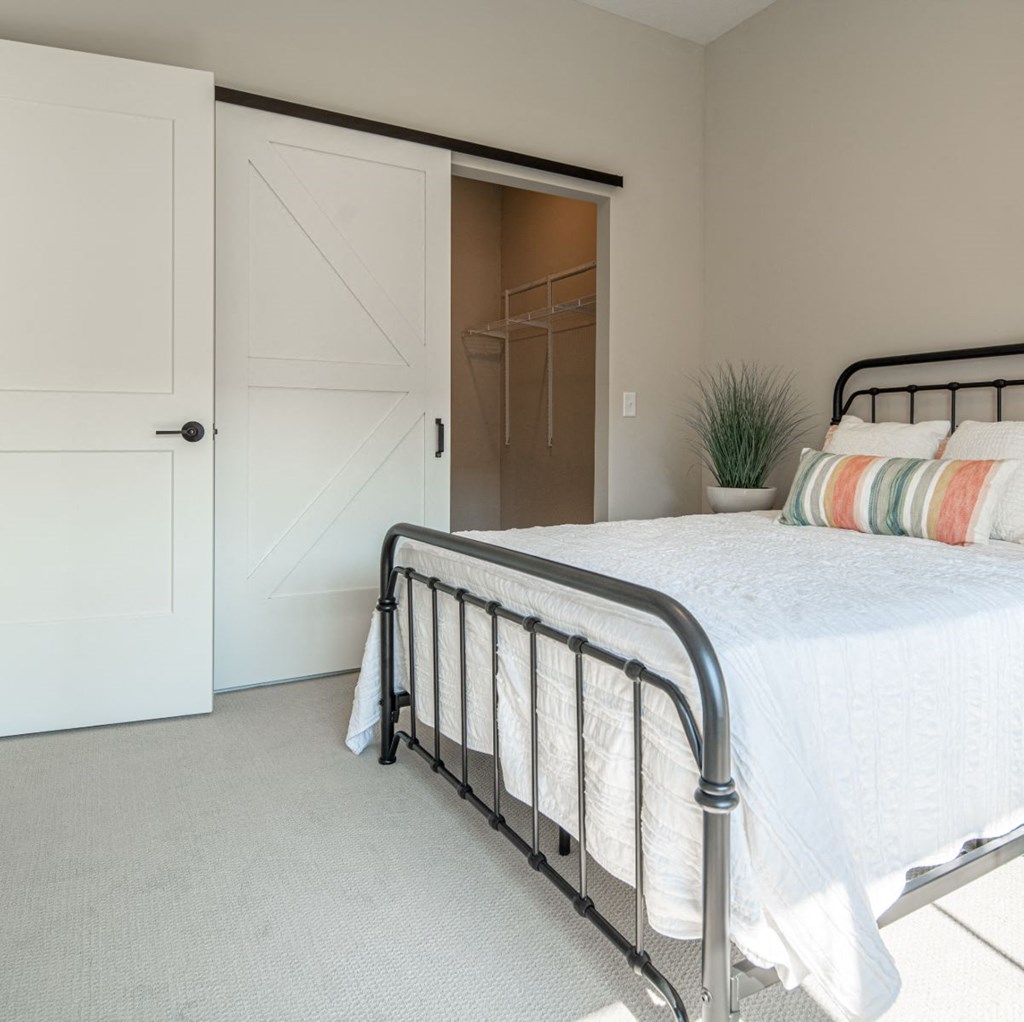 a bedroom with a bed and a closet