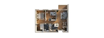 A 3D floor plan of a house layout.
