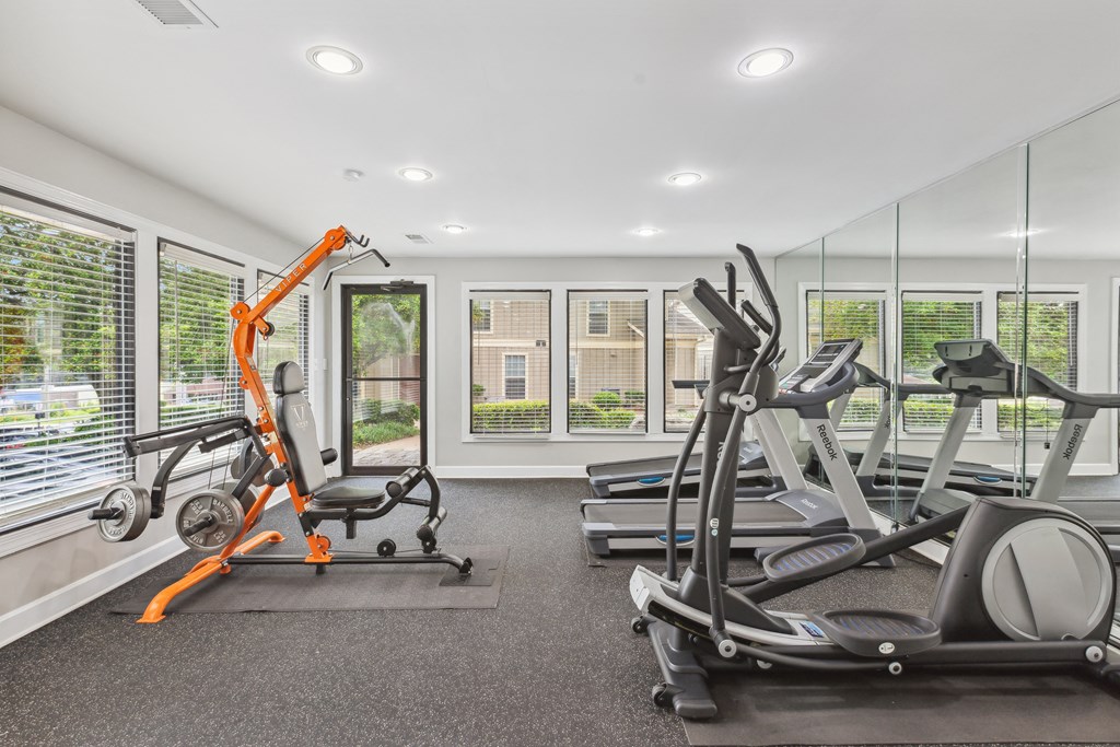the gym has plenty of exercise equipment and windows