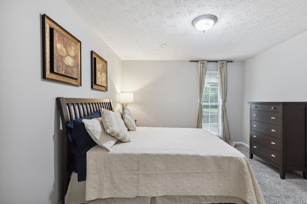 a bedroom with a bed and a dresser and a window