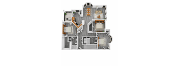 A 3D floor plan of a house with multiple rooms and furniture.