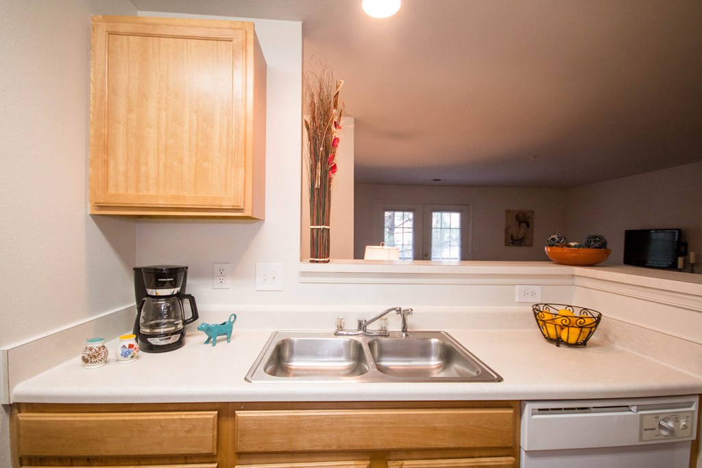 a kitchen with a sink and a coffee maker on the counter