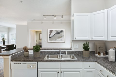 A kitchen with white cabinets and a marble countertop.