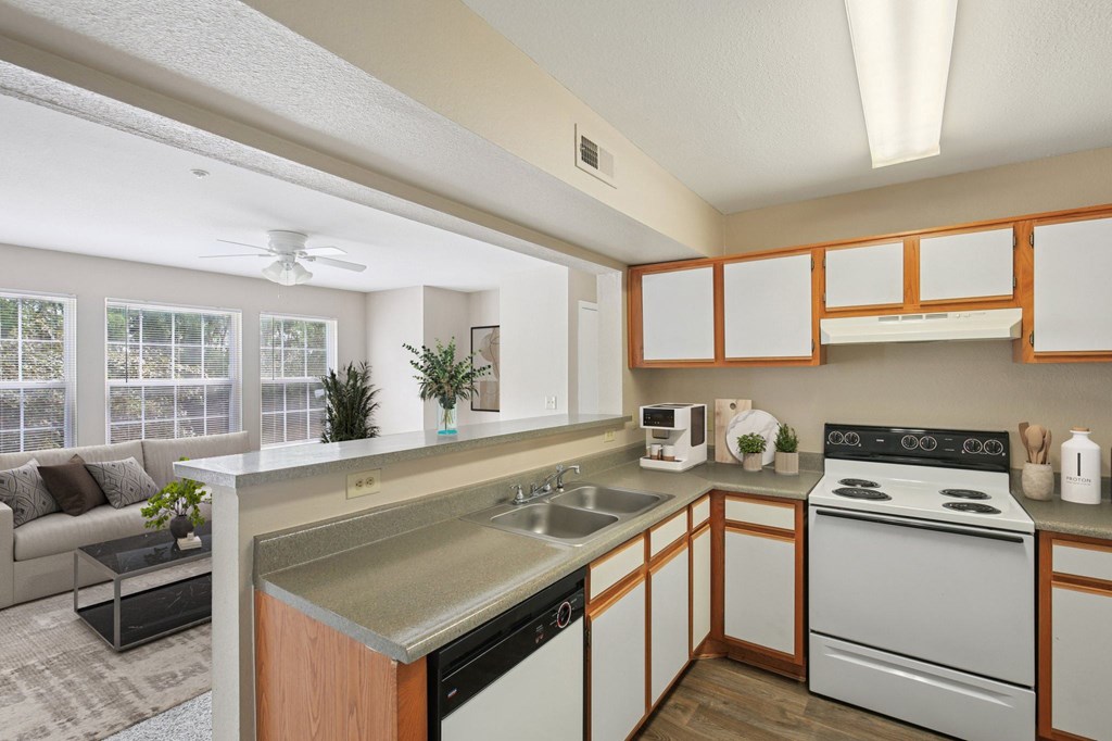 A kitchen with a stove, sink, and cabinets.