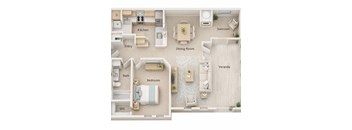 A floor plan of a house with a kitchen, dining room, living room, and bedrooms.
