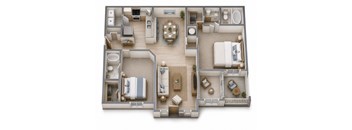 A 3D floor plan of a house with two bedrooms, a living room, a kitchen, and a bathroom.