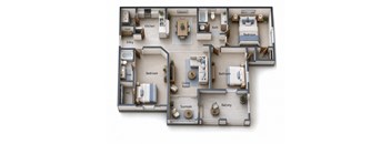 A 3D floor plan of a house with labeled rooms.
