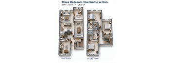 A diagram of a three bedroom townhome with den.