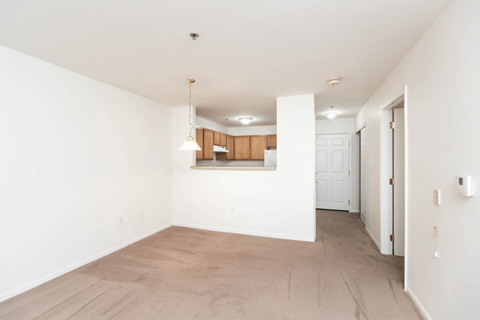 an empty living room and kitchen with white walls and wood flooring