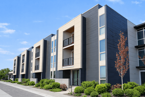 A modern apartment building with balconies and a clear blue sky.