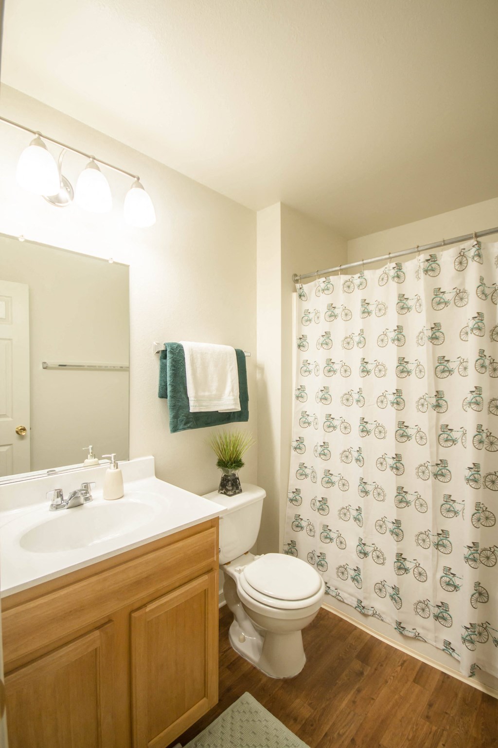 a bathroom with a shower curtain and a sink and a toilet