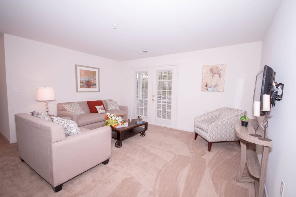 a living room with couches and chairs and a tv