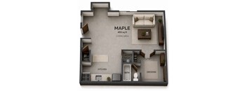 A 3D floor plan of a 480 square foot living area.