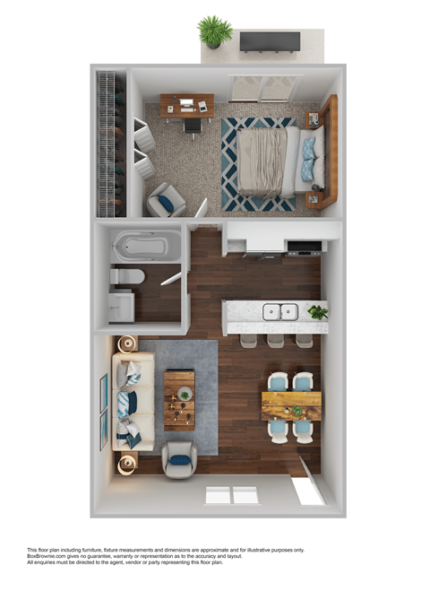 a stylized 3d floor plan with a bedroom and living room