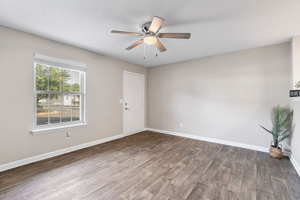 A room with a ceiling fan and a plant.
