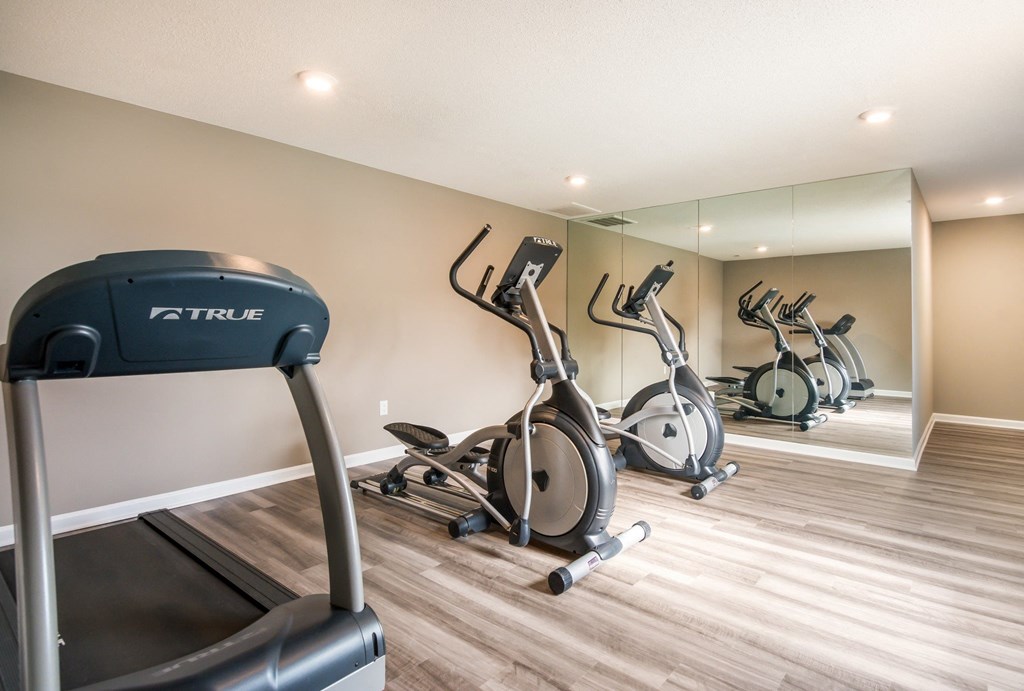 A room with a treadmill and exercise bikes.