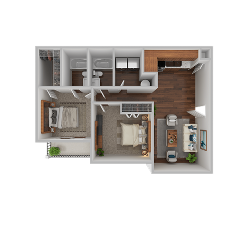 a bedroom floor plan with a bathroom and a living room