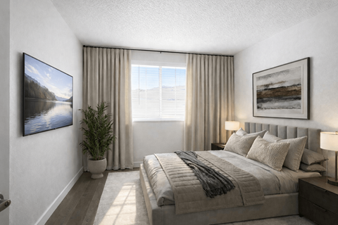 Modern bedroom with neutral tones and natural light at Fort Lane Apartments, Utah