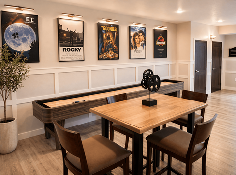 A dining room with a wooden table and chairs.