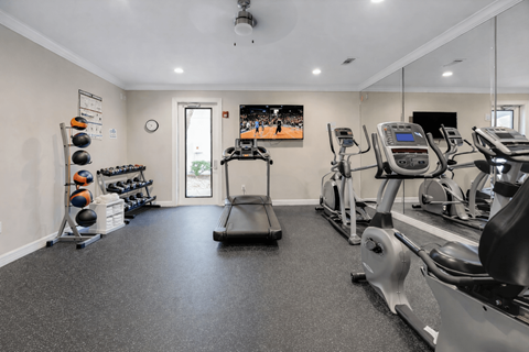A spacious gym with a variety of equipment including treadmills, elliptical machines, and weight racks.