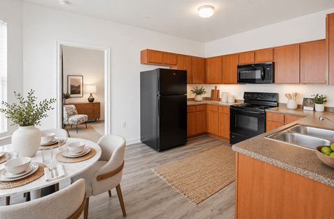 A kitchen with a black refrigerator and wooden cabinets.