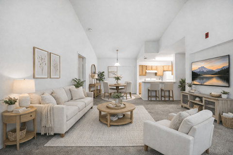 A well-lit, spacious living room with a variety of furniture and decor.