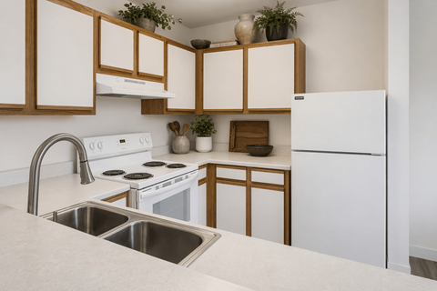 A kitchen with white appliances and wooden cabinets.