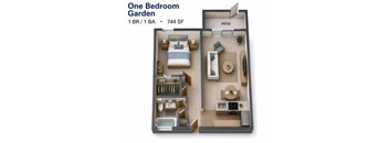 A diagram of a one bedroom garden apartment with 744 square feet.