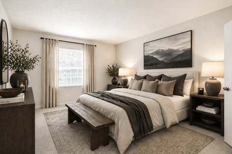A bedroom with a large bed, a bench, and a painting on the wall.