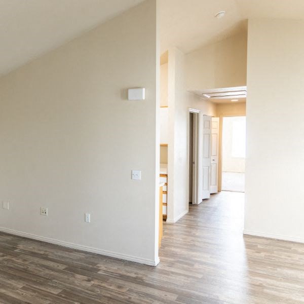 an empty house with a wood floor and white walls