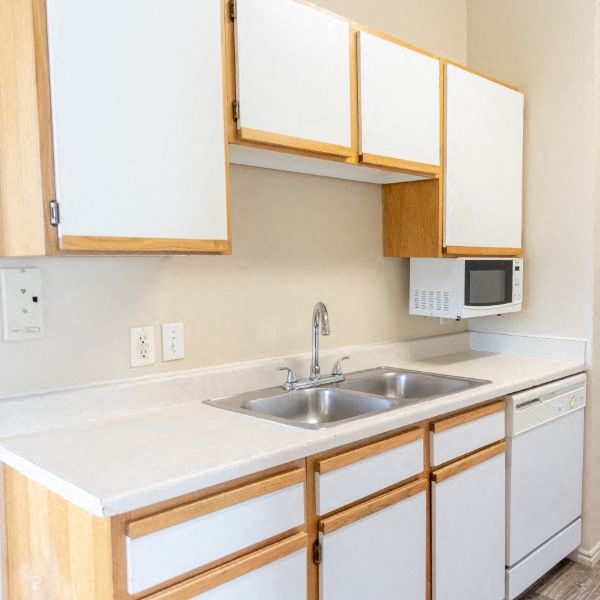 a kitchen with a sink and white cabinets