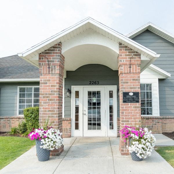 a house with two pots of flowers in front of it