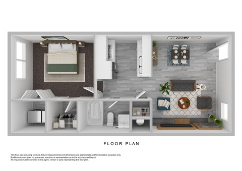 a stylized floor plan of a 1 bedroom apartment