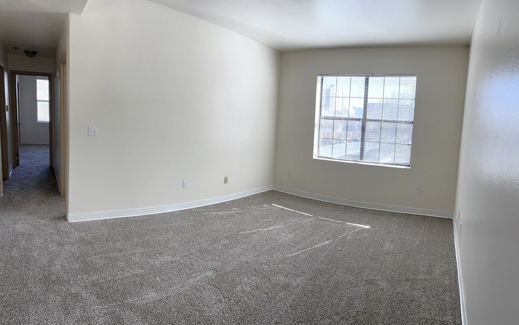 an empty living room with carpet and a window