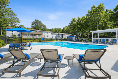A pool surrounded by chairs and trees.
