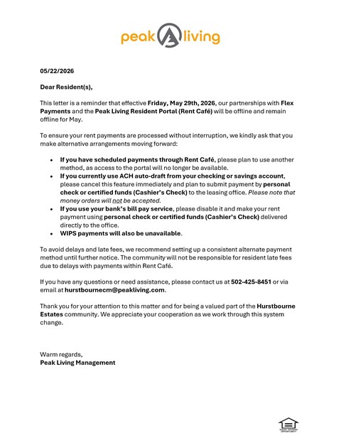 A letter from Peak Living Management dated 05/22/2026 informing residents about the discontinuation of rent payments through Rent Café and providing alternative payment instructions.