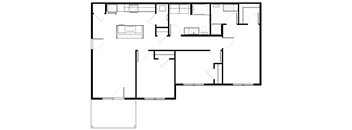 A black and white image of a floor plan with various rooms and spaces.