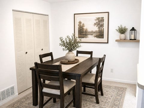 A dining room with a wooden table and chairs.