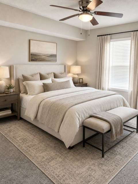 A bedroom with a large bed and a ceiling fan.
