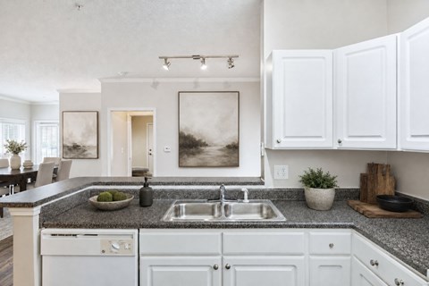 A modern kitchen with white cabinets and a granite countertop.