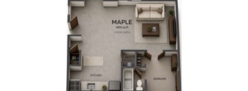 A 3D floor plan of a 480 square foot living area with a kitchen, bathroom, and bedroom.