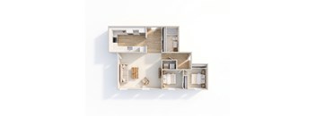A diagram of a house layout with a living room, kitchen, and two bedrooms.