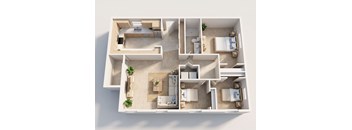 A 3D floor plan of a house with multiple rooms and furniture.