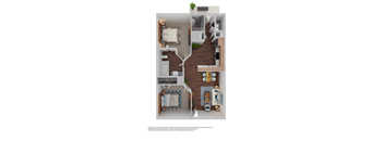 a stylized floor plan with a bedroom and living room