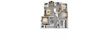 A 3D floor plan of a small apartment with two bedrooms, a living room, a kitchen, and a bathroom.
