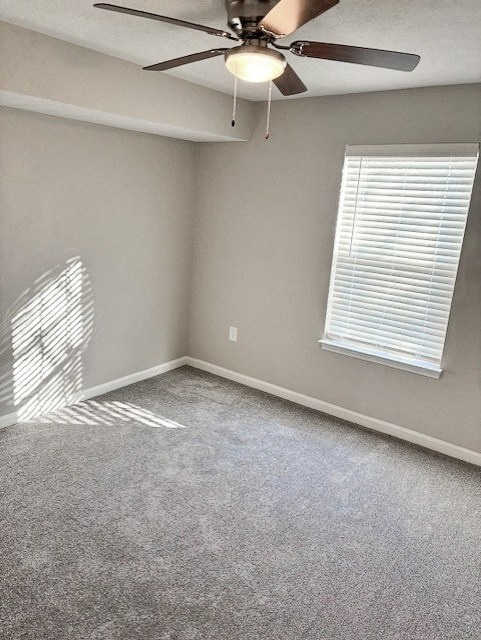 A room with a ceiling fan and a window with blinds.
